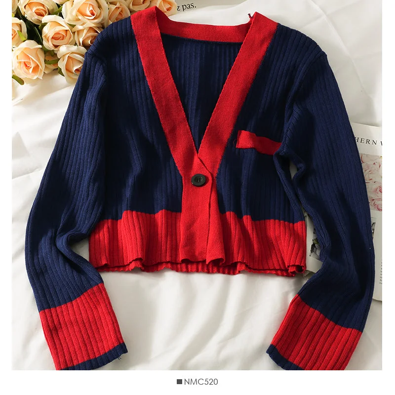 Han Fan contrast color stitched one button long sleeve sweater for women  1949