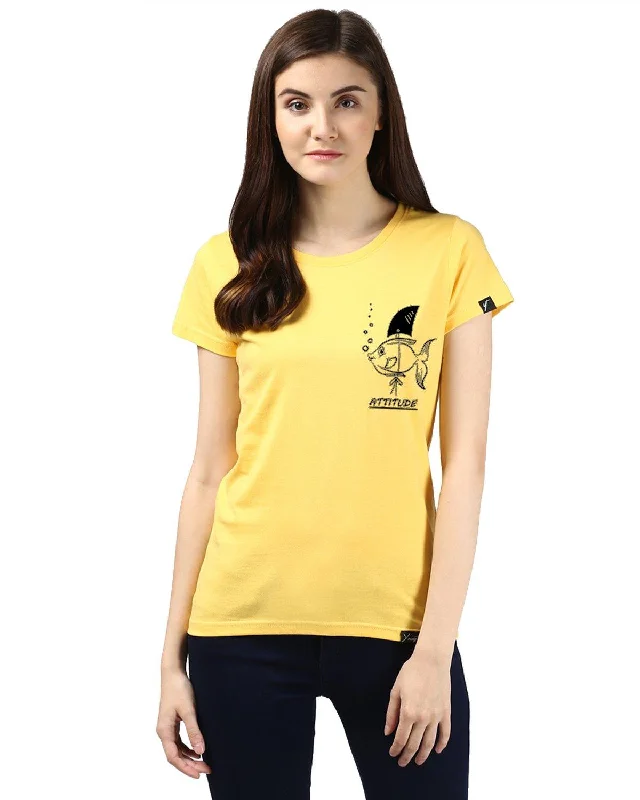 Womens Half Sleeve Fish Printed Yellow Color Tshirts