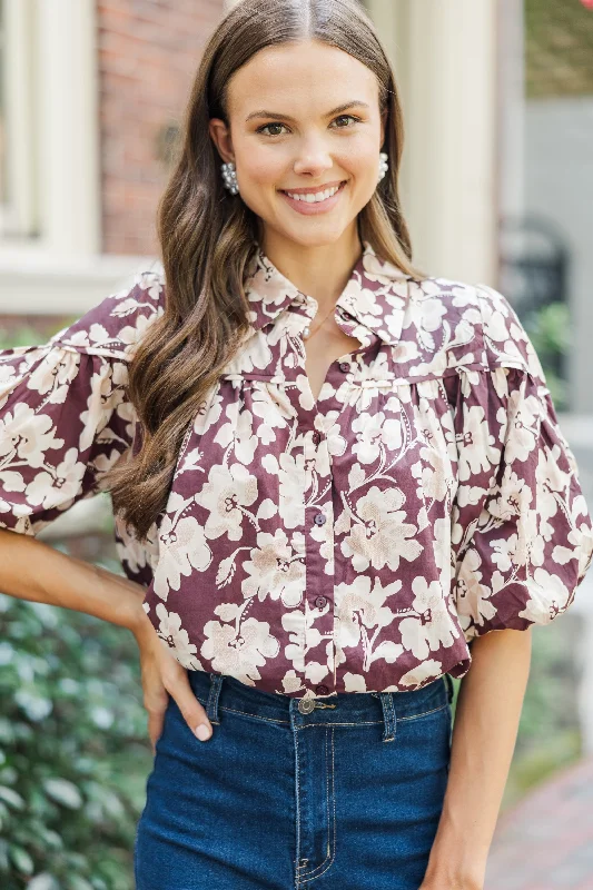 Better Than You Know Burgundy Floral Puff Sleeve Blouse